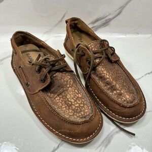 Rawlings Men's Brown Leather Boat Shoes with Textured Leopard-Print Vamp